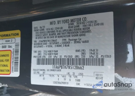 2022 Ford Mustang Ecoboost Premium Fastback z USA, uszkodzony, nr VIN 1FA6P8TH7N5128662